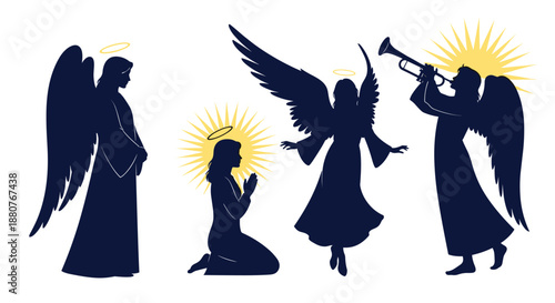 Set of blue angel silhouettes in different poses including praying, flying, and playing a trumpet for religious and christmas themed designs.
