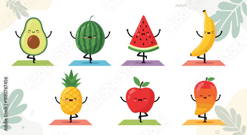 Collection of cute fruit characters performing yoga tree poses on colorful mats for healthy lifestyle and fitness promotion projects.