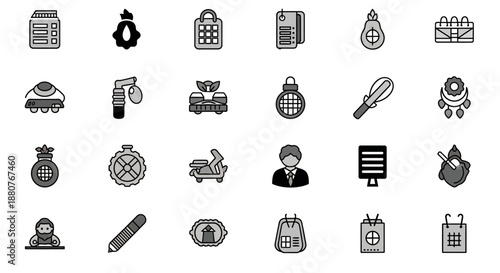 Black icons of office supplies and people.