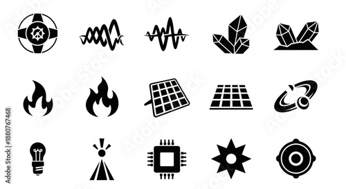 Black icons of technology and energy.