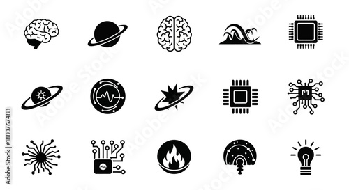 Black icons of technology and science.