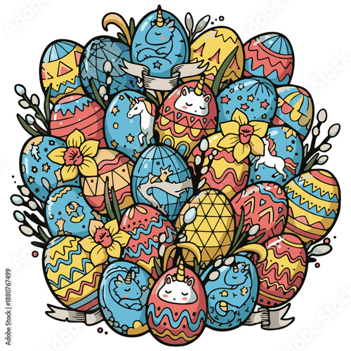 Vibrant pile of decorated Easter eggs, many featuring cute unicorns, intertwined with cheerful daffodils and delicate pussy willow branches, rendered in a charming cartoon style