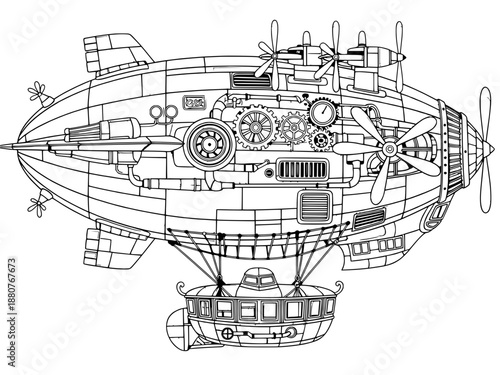 Steampunk airship vector illustration shows detailed dirigible with gears and propellers