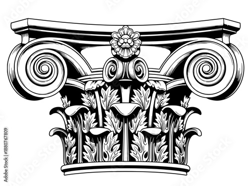 Illustration of a decorative architectural column capital with spiral volutes and leafy motifs