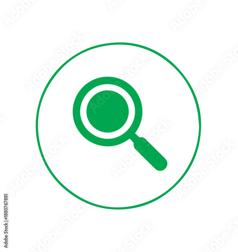 A solid green magnifying glass icon, signifying search or zoom functionality, is perfectly isolated on a bright white background.