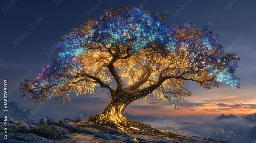 Fototapeta premium Enchanted Tree of Life Glowing with Mystical Blue and Gold Lights Under a Cosmic Night Sky