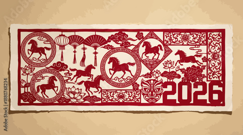 Vintage red postage-stamp style illustration with an ornate border and the year 2026 featuring animal silhouettes.