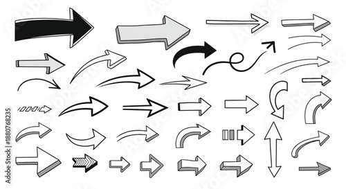 Diverse collection of hand drawn arrows in various styles and shapes for directional guidance, navigation, and graphic design elements.