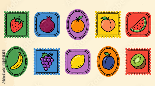 Colorful collection of fruit illustrations in framed square stamps, featuring strawberry, plum, orange, peach, watermelon, banana, grapes, pear, kiwi, lemon and other fresh fruits.