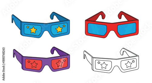 Set of colorful cardboard 3D glasses with star patterns and an outline version for cinema, movie theater, and entertainment graphics.
