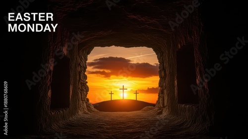 Empty tomb opening to a radiant easter monday sunset with three crosses on calvary hill