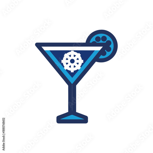 Blue cocktail with lemon wheel isolated on transparent background