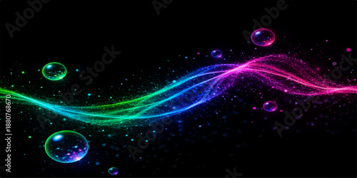 An abstract blue space background with glowing bubbles and bright stars features a colorful light design and circular energy patterns over a dark night wallpaper backdrop