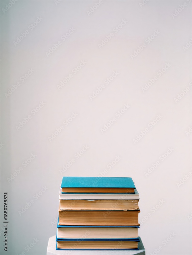 Fototapeta premium A stack of books with various colored covers resting on a white surface. Ideal for educational and literary themes.