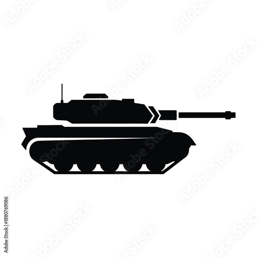 Black silhouette of a tank with a long gun barrel on a white background military vehicle