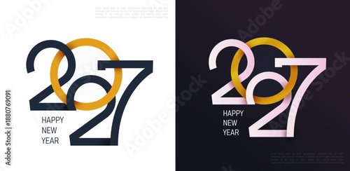 Year 2027 celebration with 3D geometric effect, elegant white numbers and gold ring decoration. Luxury minimalist Happy New Year 2027 design for premium invitation, banner, poster, holiday branding.