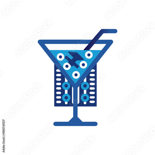 Blue cocktail glass with garnish isolated on transparent background