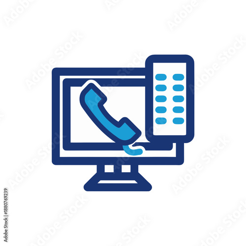 Computer screen with phone handset isolated on transparent background