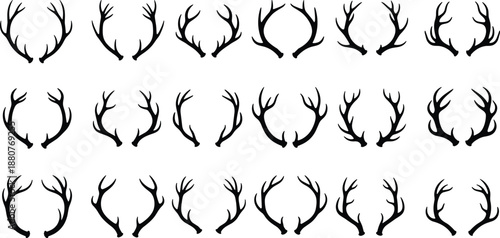 Collection of twenty‑four stylized deer antler silhouettes arranged in rows showcasing diverse branching patterns, wildlife design inspiration, and nature artwork concepts