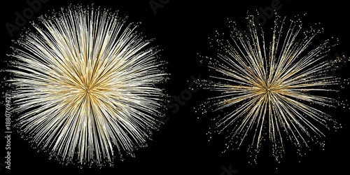 Two stylized, golden-white radial bursts against a black background, resembling fireworks