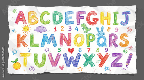 Colorful alphabet letters and numbers on a crumpled paper background, a playful educational illustration for early learning and kids