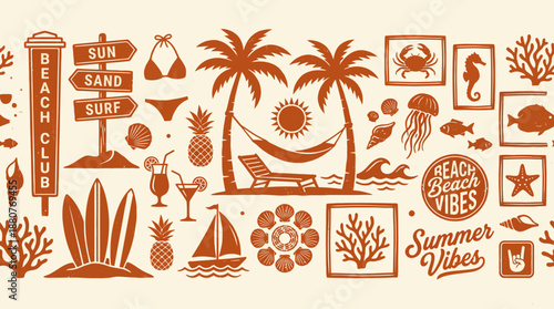 Vibrant tropical beach scene featuring palm trees, sun, surf, and retro orange summer vibes in a playful illustration.