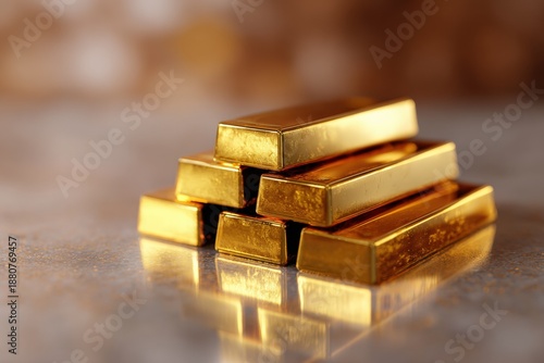Wallpaper Mural Stack of shiny gold bars on reflective surface Torontodigital.ca