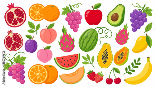 Vibrant assortment of fresh fruits collage featuring citrus, berries, tropical and stone fruits.