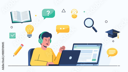 Modern online learning concept with a young man wearing headphones, studying on a laptop, surrounded by educational icons symbolizing digital knowledge.