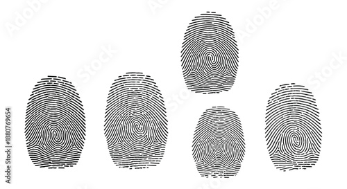 Set of black fingerprints in various shapes and patterns for forensic investigation, biometric security, and identity verification concepts.