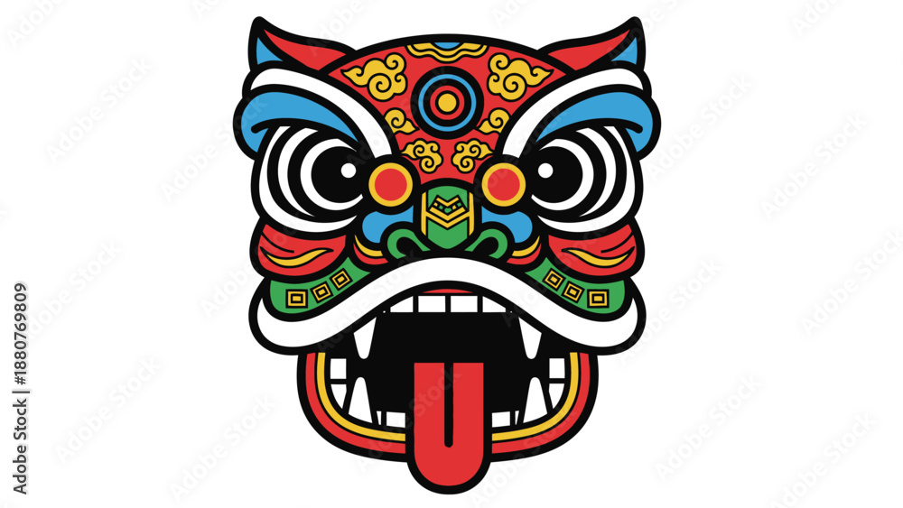 Fototapeta premium Vibrant Colorful Traditional Mask with Tongue Sticking Out, Expressive Art on Isolated White Background