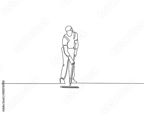Continuous one line drawing of man mopping floor. One line drawing illustration of cleaning man with mop. Cleaning concept single line. Editable outline