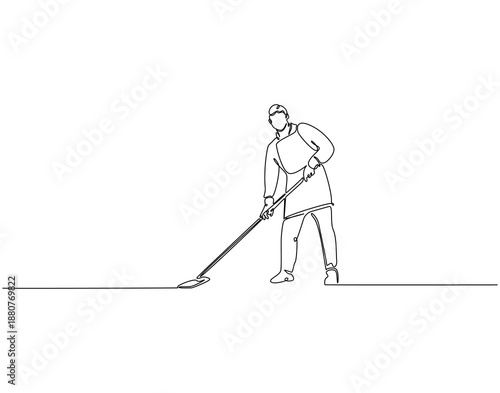 Continuous one line drawing of man mopping floor. One line drawing illustration of cleaning man with mop. Cleaning concept single line. Editable outline