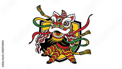 Colorful Chinese Lion Dance Head with Shield Design on Isolated White Background
