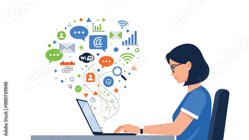 Woman working on laptop, surrounded by a cloud of digital communication and social media icons, representing online connectivity, networking, and content creation.