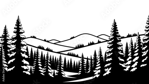 Stylized Black and White Forest Landscape with Pine Trees and Hills on Isolated White Background, Minimal Nature Scenery