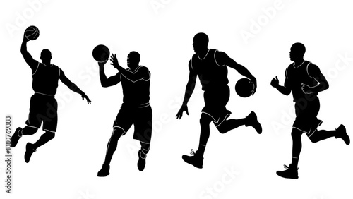 Silhouettes of Four Male Basketball Players in Dynamic Action Poses on Isolated White Background, Team Sports Concept
