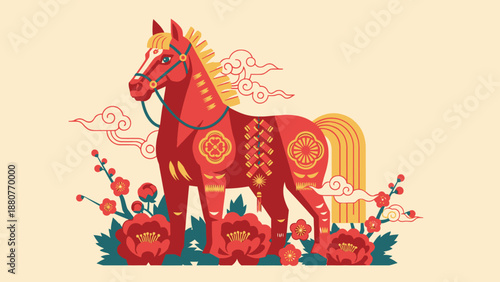 Elegant Red Chinese Zodiac Horse with Traditional Flowers and Clouds on Light Beige Background, Lunar New Year