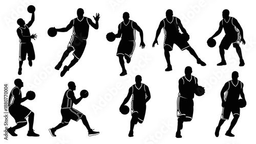 Diverse Set of Basketball Player Silhouettes in Various Dynamic Poses on Isolated White Background