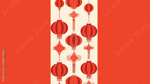 Vector illustration of a festive Christmas card featuring Easter eggs on a red background with a gold ribbon and hanging ornaments for a new year celebration pattern