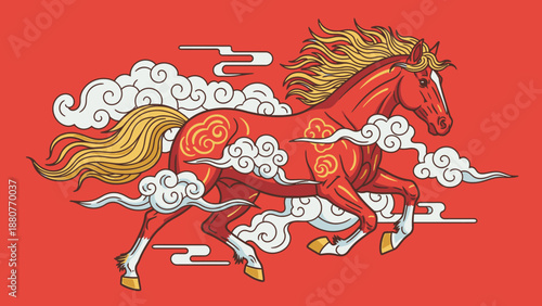Dynamic Red Horse Galloping with Clouds on Vibrant Red Background, Chinese New Year Zodiac Animal