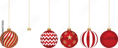 Christmas ornament bauble collection featuring red and gold hanging decorations for festive holiday designs, greeting cards, and seasonal graphics