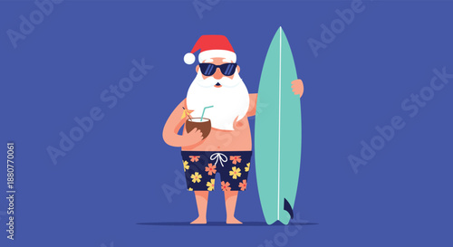 Fun summer santa claus wearing swim trunks and holding a surfboard and a coconut cocktail against a dark blue background during holidays.