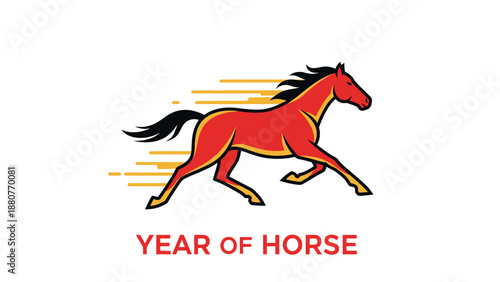 Dynamic Red Running Horse with "Year of Horse" Text in Bright Studio Background