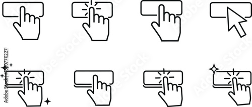 Click button and tap interaction icon set showing hand cursor pressing interface elements for web, app, and user experience design