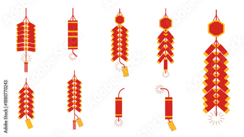 Traditional Red Chinese Firecrackers Set on Isolated White Background, Festive Lunar New Year Decorations