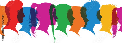 Colorful human profile silhouette lineup representing diversity, inclusion, identity, and multicultural community concepts for modern graphic design projects