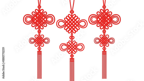 Traditional Red Chinese Knot Ornaments Set on Isolated White Background, Auspicious Asian Lucky Tassels