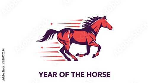 Dynamic Red Galloping Horse for Year of the Horse in Bright Studio, Chinese Zodiac Animal Vector Illustration