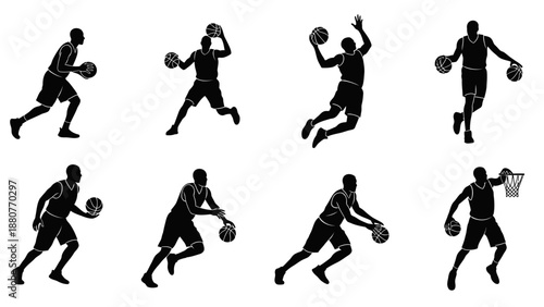 Collection of Dynamic Black Silhouettes of Basketball Players in Action Poses, Dribbling, Shooting, and Jumping, on Isolated White Background.